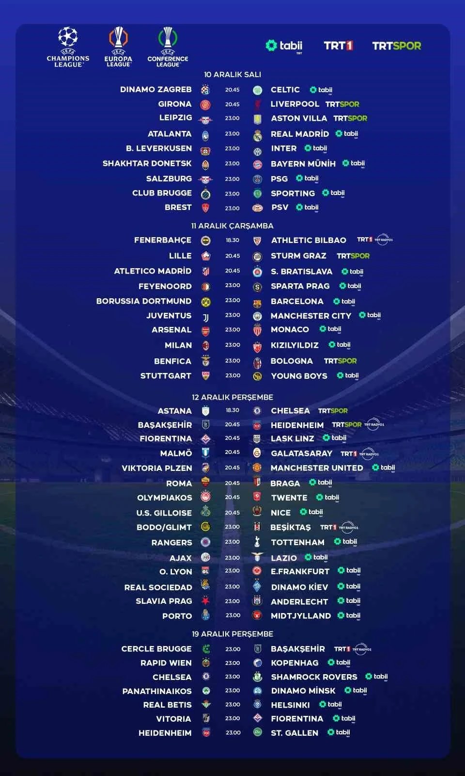 41 UEFA maçı TRT’den canlı yayınlanacak
