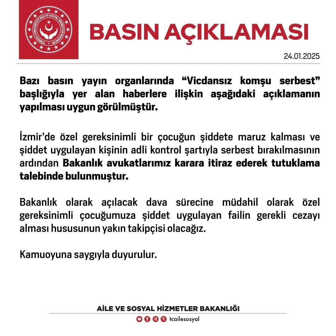 Aile ve Sosyal Hizmetler Bakanlığı avukatları vicdansız komşu için tutuklama talebinde bulundu
