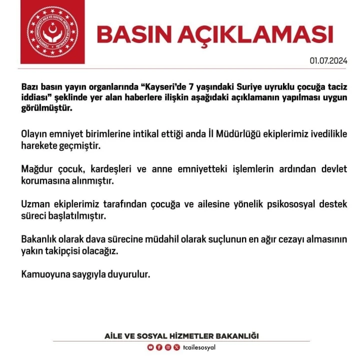 Aile ve Sosyal Hizmetler Bakanlığı’ndan Kayseri’deki taciz iddialarına ilişkin açıklama
