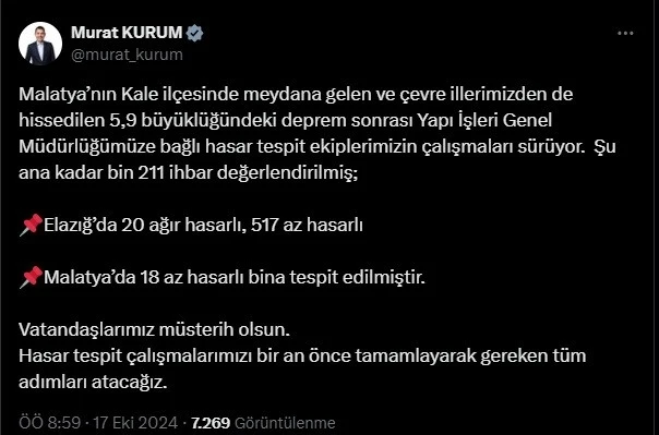 Bakan Kurum: "Vatandaşlarımız müsterih olsun, gereken adımları atacağız"
