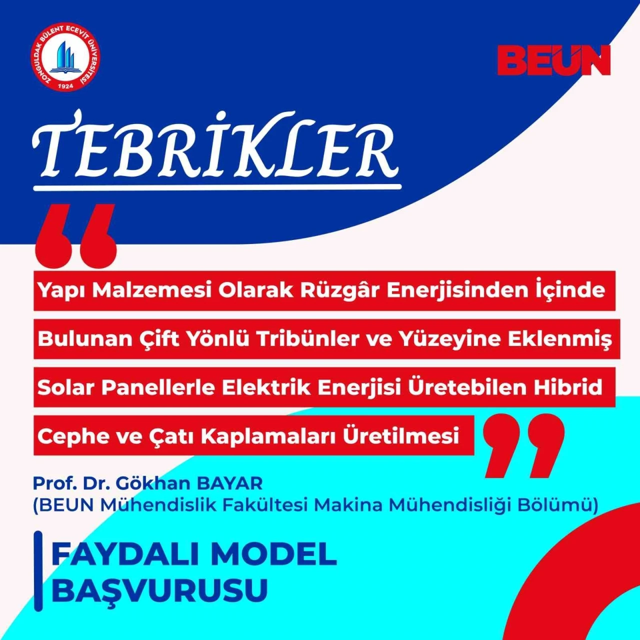 BEUN Öğretim Üyesi Prof. Dr. Bayar’ın çevre dostu faydalı model başvurusu tescillendi
