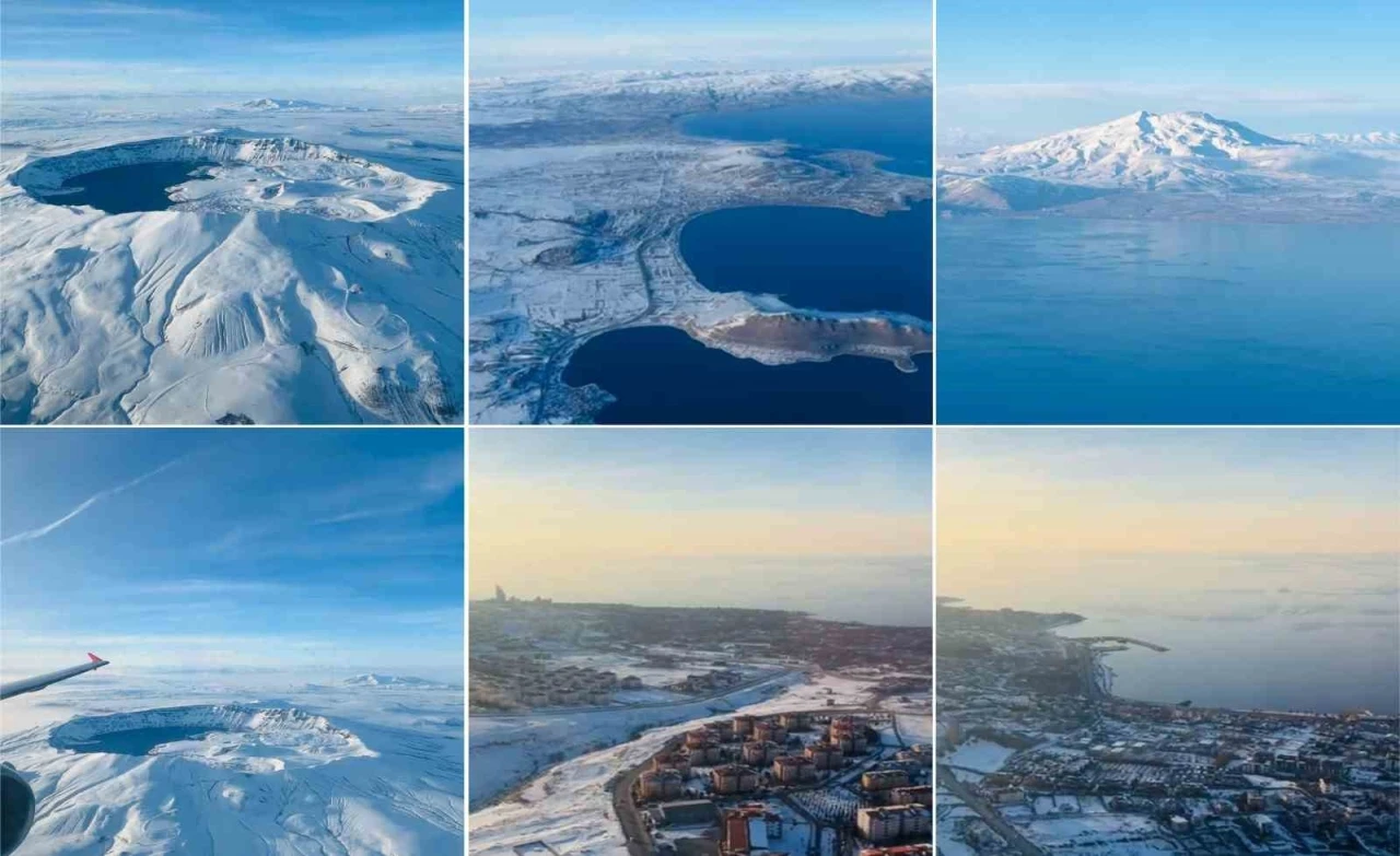 Beyaza bürünen Van Gölü Havzası havadan görüntülendi
