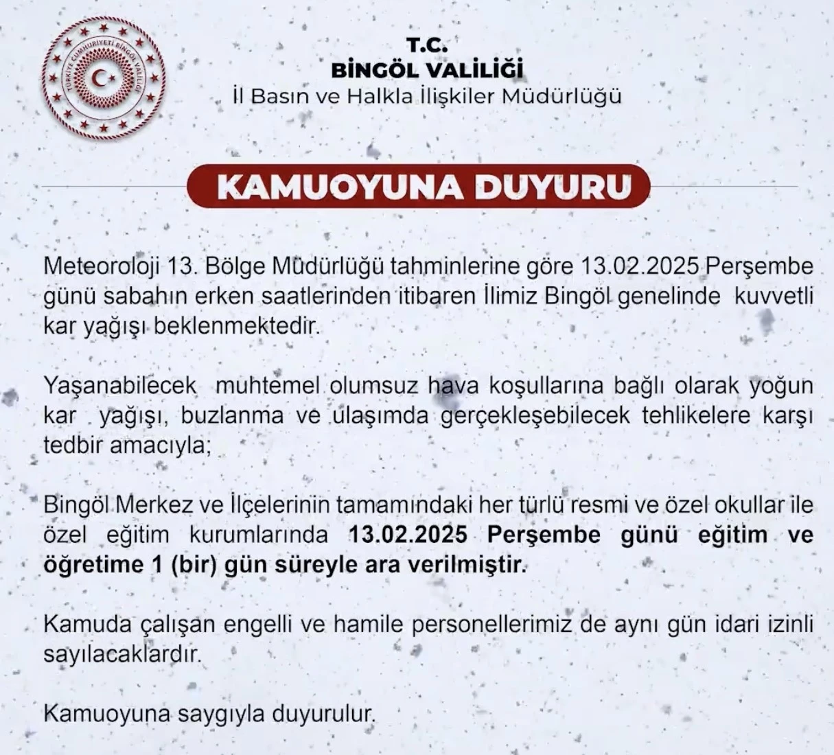 Bingöl’de  eğitime 1 gün ara verildi
