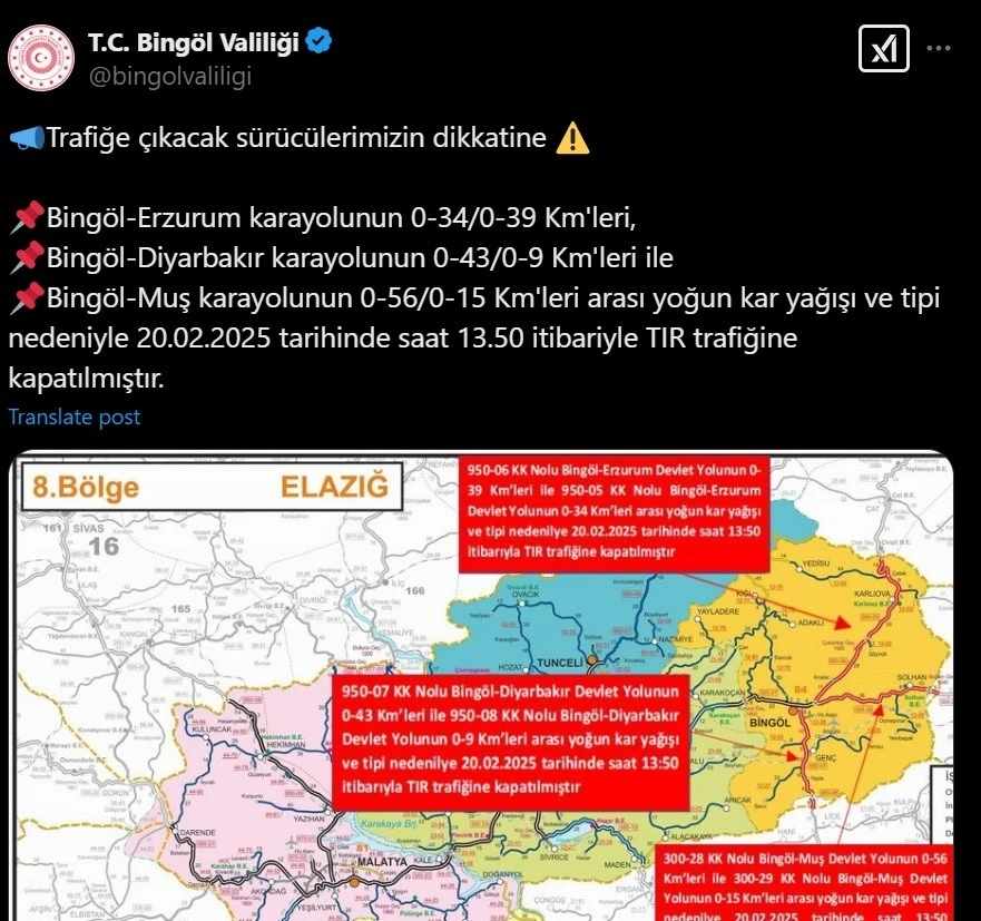 Bingöl’de kar ve soğuk hava etkisini artırdı: Tır trafiğine kısıtlama getirildi
