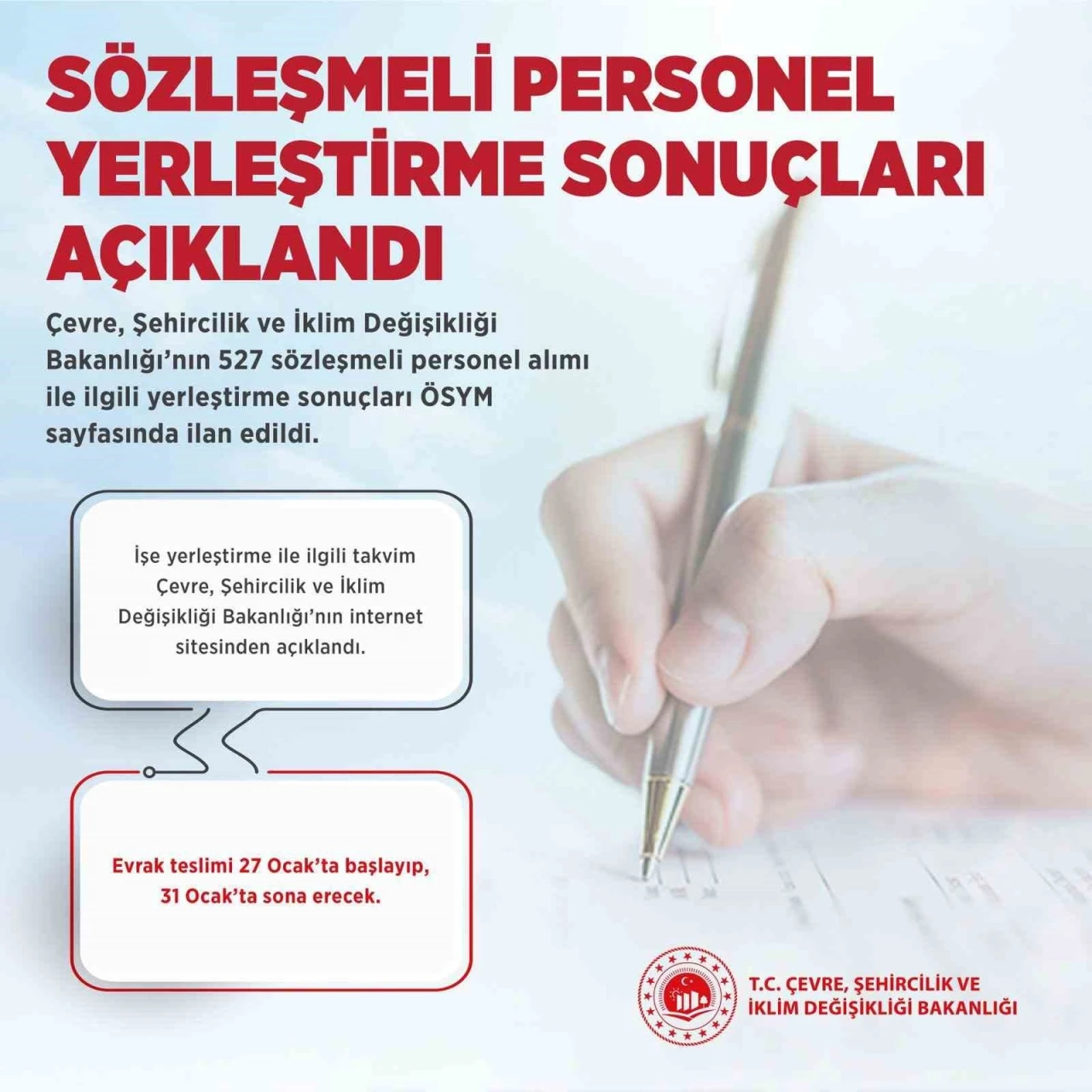 Çevre, Şehircilik ve İklim Değişikliği Bakanlığı’na sözleşmeli personel yerleştirme sonuçları açıklandı
