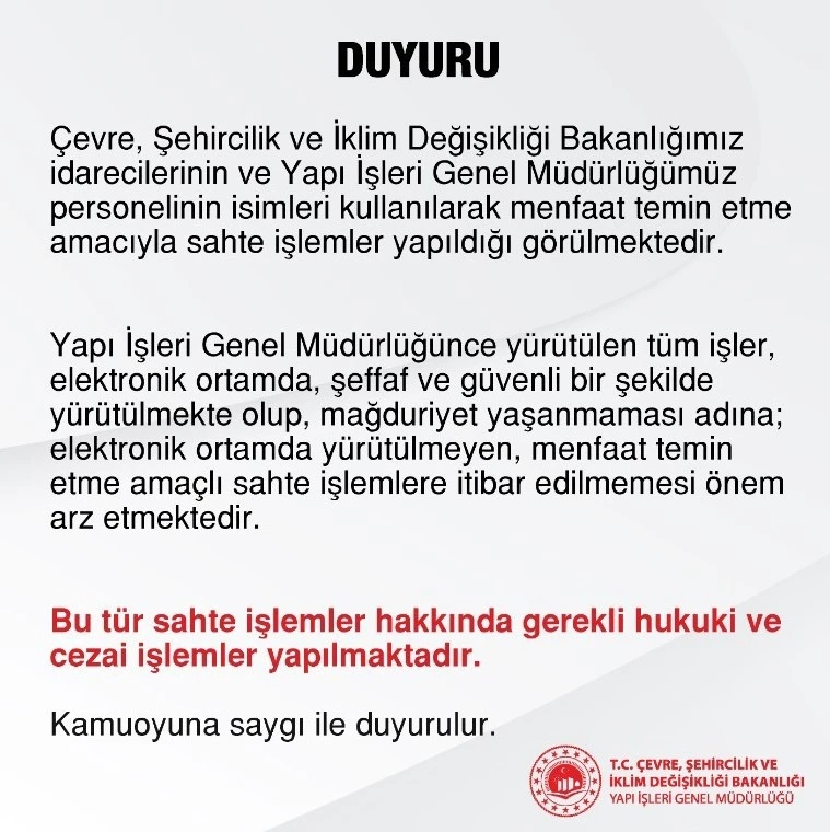 Çevre, Şehircilik ve İklim Değişikliği Bakanlığından dolandırıcılık uyarısı
