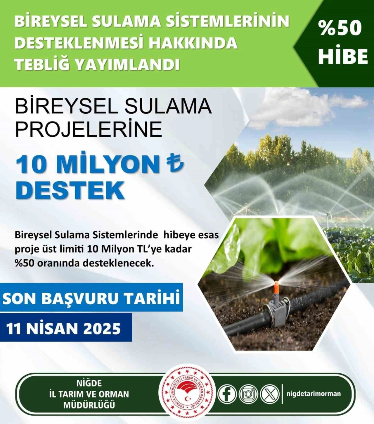 Çiftçilere Bireysel Sulama Sistemleri Hibe Başvuruları başladı
