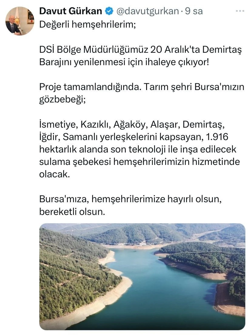 Demirtaş Barajı 20 Aralık’ta ihaleye çıkıyor
