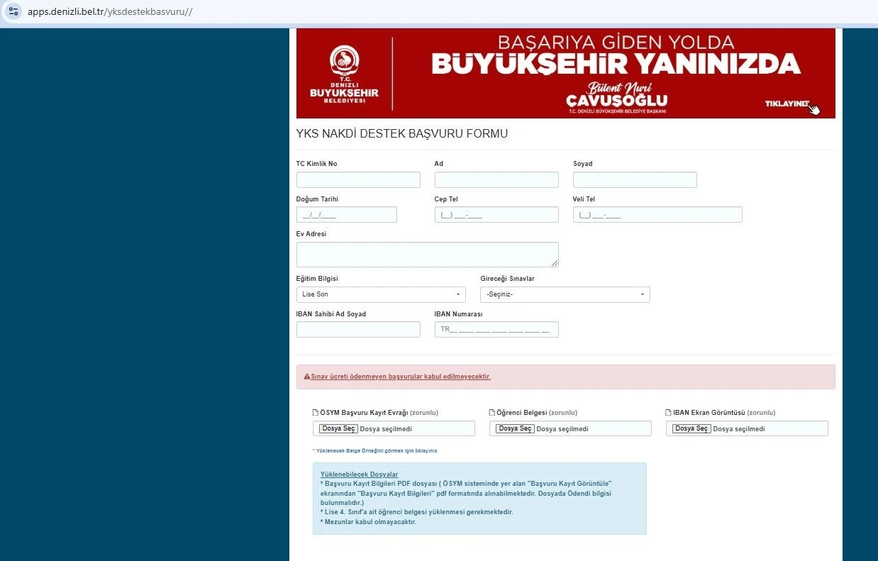 Denizli Büyükşehrin YKS adaylarına sınav ücret desteği başvuruları başladı
