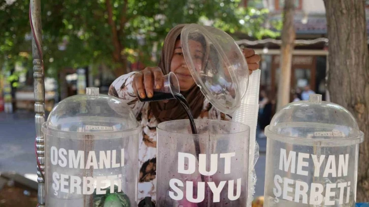 Dut ağacının altında, dut suyu satıyor
