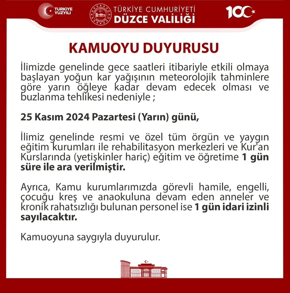 Düzce’de eğitime kar engeli
