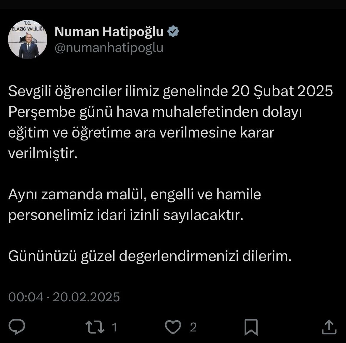 Elazığ’da eğitime ara verildi
