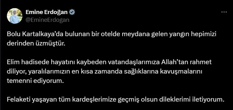 Emine Erdoğan’dan Kartalkaya’daki yangında hayatını kaybedenler için taziye mesajı
