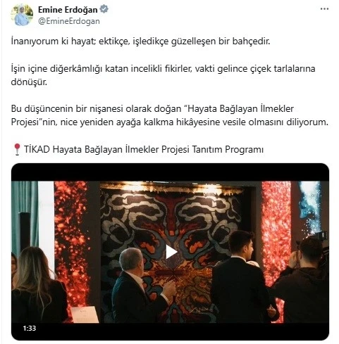 Emine Erdoğan’dan &quot;Hayata Bağlayan İlmekler&quot; projesi paylaşımı
