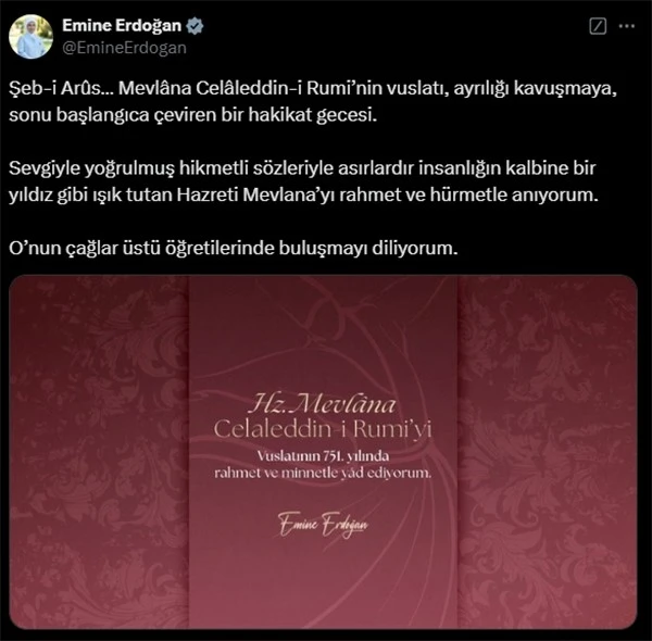 Emine Erdoğan’dan Şeb-i Arus paylaşımı
