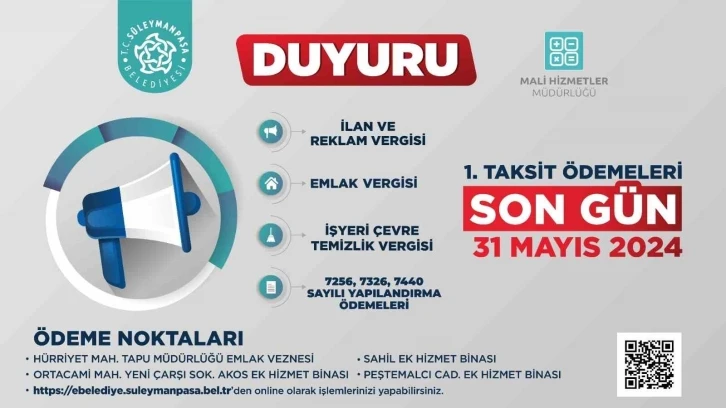 Emlak İlan ve Çevre Temizlik Vergisi 1. taksit ödemesinde son gün 31 Mayıs
