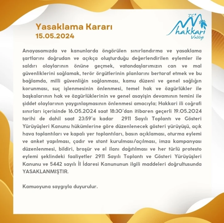 Hakkari Valiliğinden yasaklama kararı
