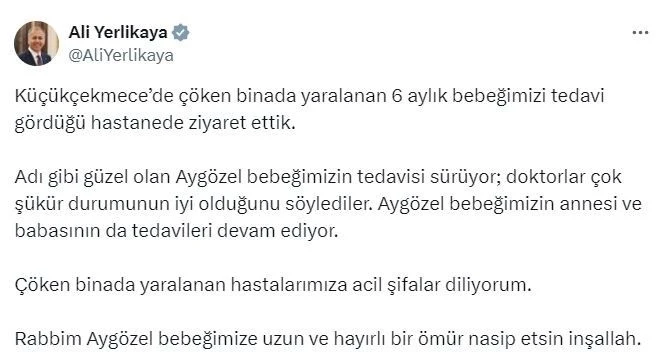 İçişleri Bakanı Ali Yerlikaya, çöken binada yaralanan 6 aylık bebeği ziyaret etti
