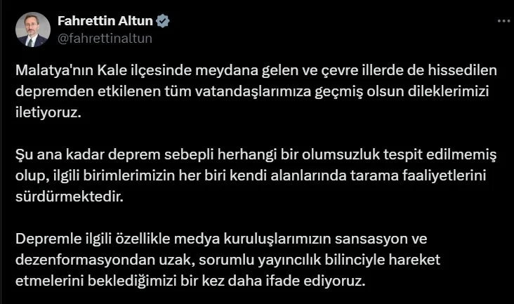 İletişim Başkanı Altun’dan Malatya’daki depremle ilgili açıklama
