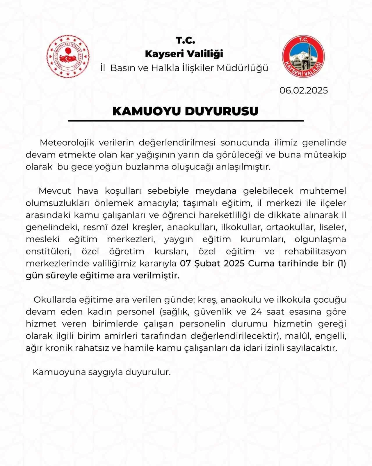 Kayseri’de eğitime 1 gün daha ara verildi
