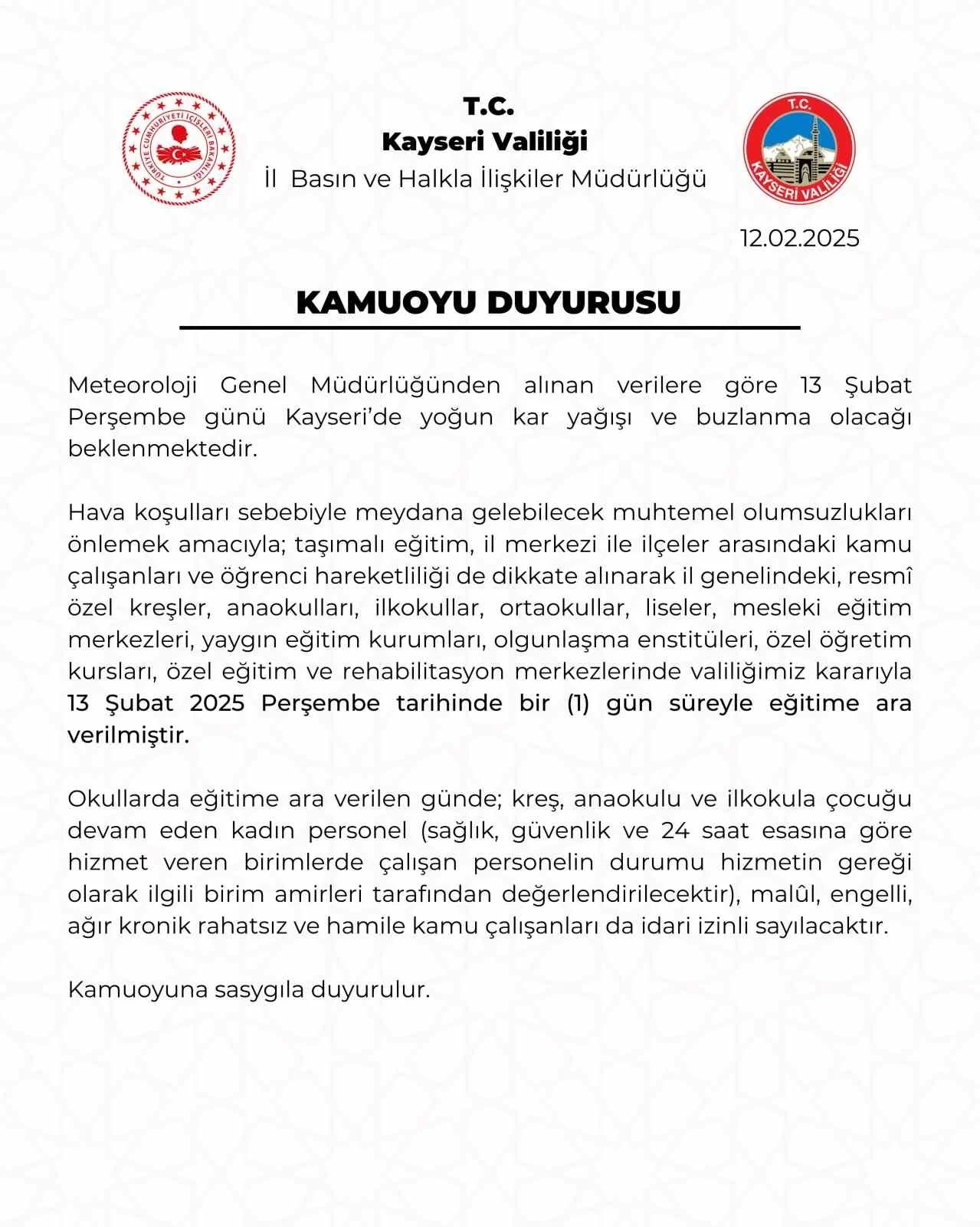 Kayseri’de eğitime kar engelli
