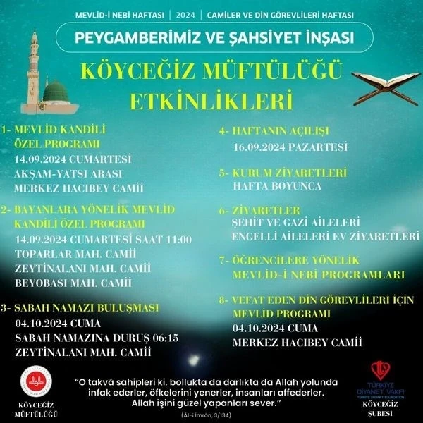 Köyceğiz’de Mevlid-i Nebi ve Camiler ve Din Görevlileri Haftası bir dizi etkinlikle kutlanacak
