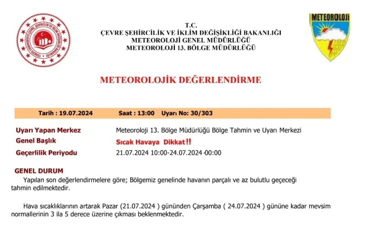 Meteorolojiden Elazığ için sıcaklık uyarısı
