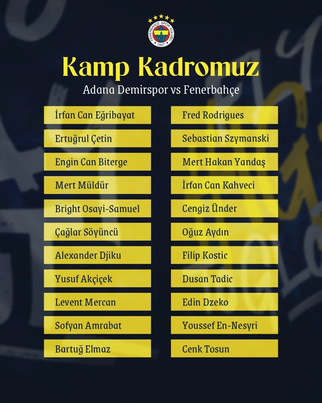 FENERBAHÇE'NİN, KAMP KADROSU AÇIKLANDI