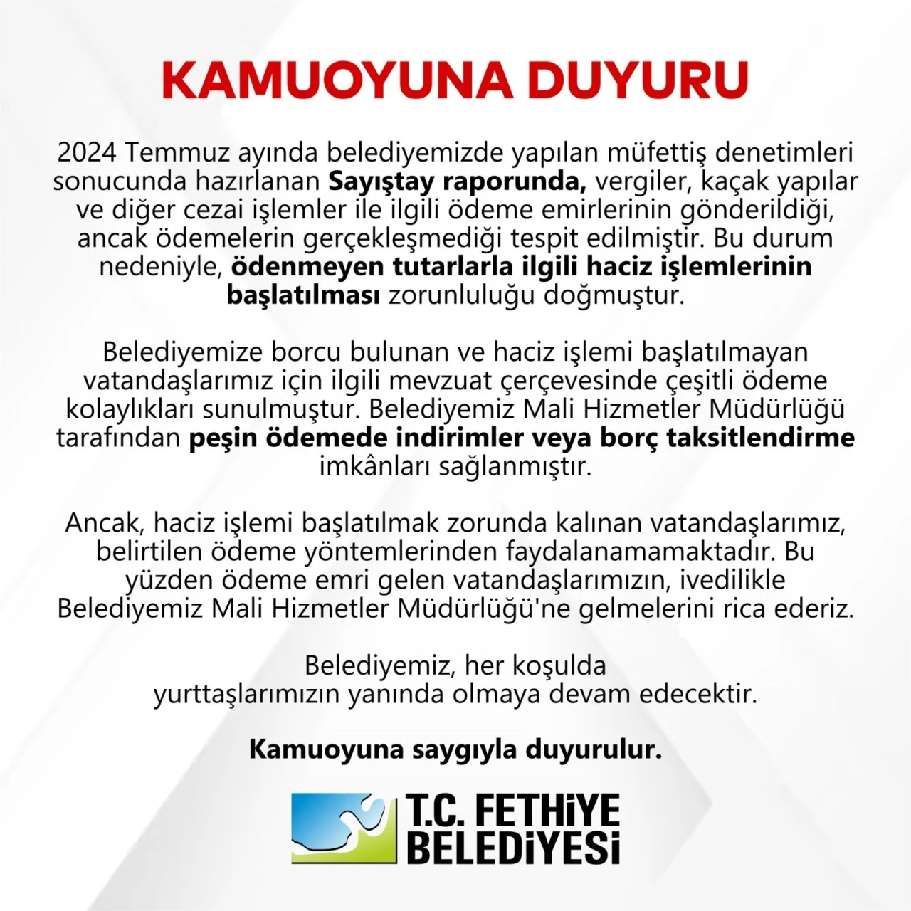 FETHİYE BELEDİYESİ'NDEN BORÇLULARA ÖDEME KOLAYLIĞI