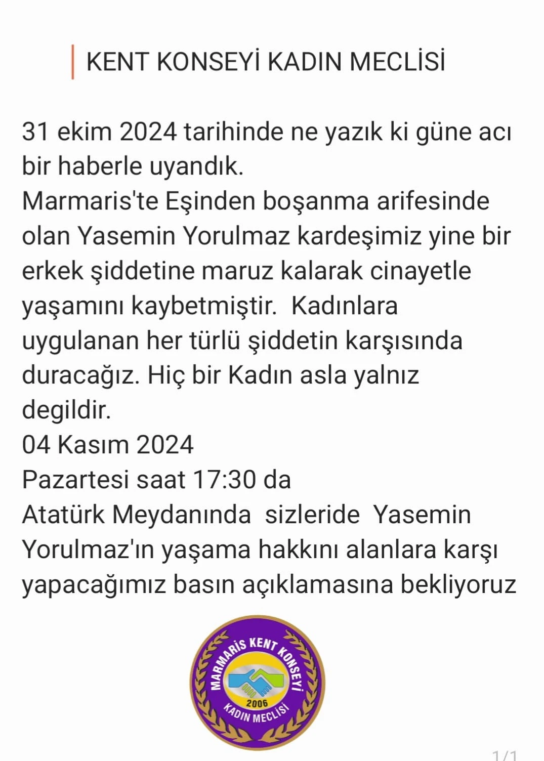 MARMARİS’TE YASEMİN YORULMAZ İÇİN BASIN AÇIKLAMASI