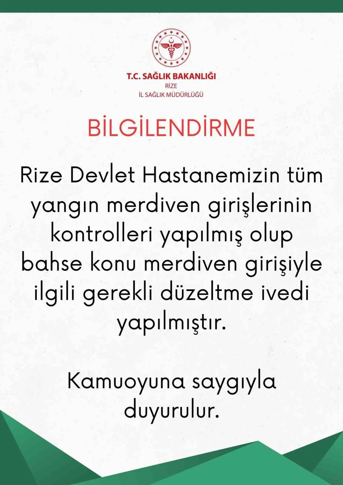 Rize İl Sağlık Müdürlüğü’nden kapatılan yangın merdiveni açıklaması
