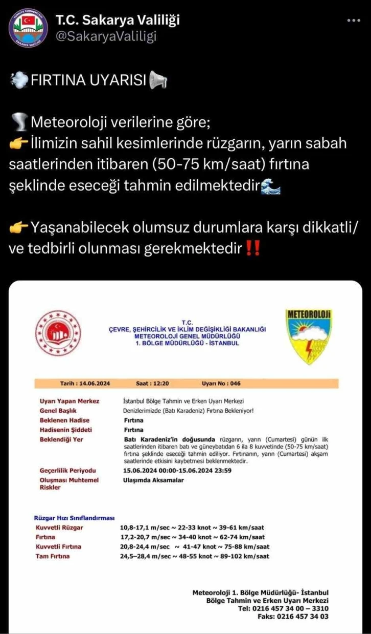 Sakarya’nın sahil kesimleri için Valilikten fırtına uyarısı
