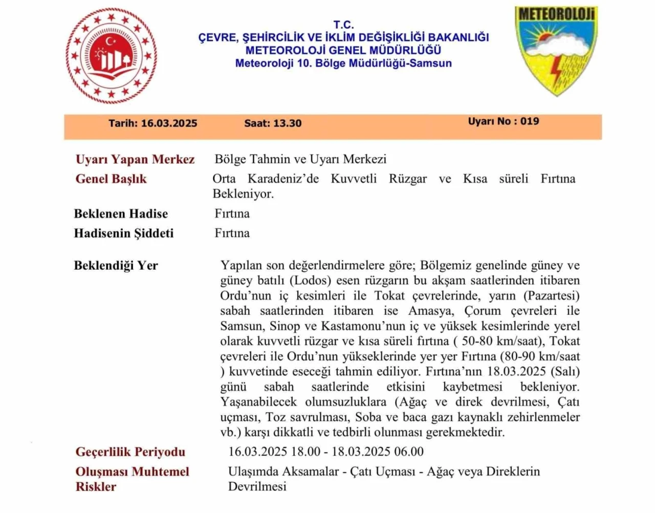 Samsun ve çevresine fırtına uyarısı
