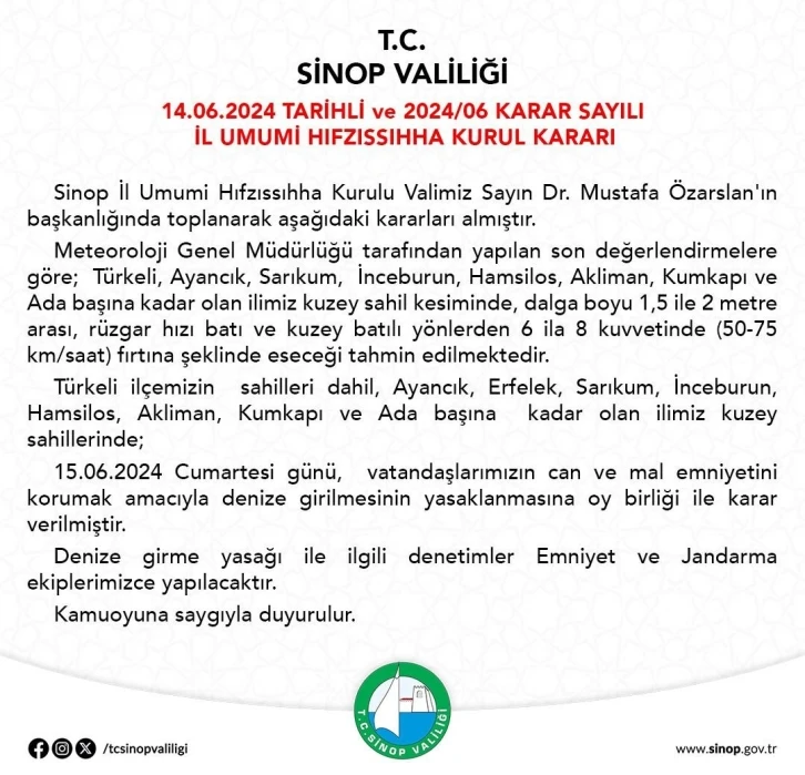 Sinop’ta 1 günlük deniz yasağı
