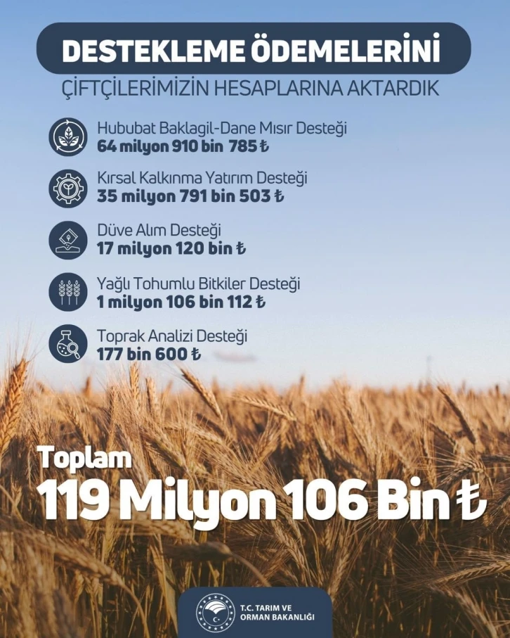 Tarım ve Orman Bakanlığı: “119,1 milyon liralık tarımsal destek ödemesi hesaplara aktarıldı”
