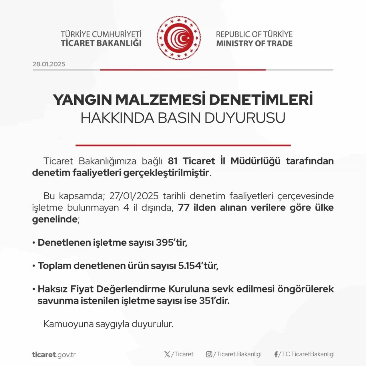 Ticaret Bakanlığından yangın malzemesi denetimi: 351 işletmeden savunma istendi
