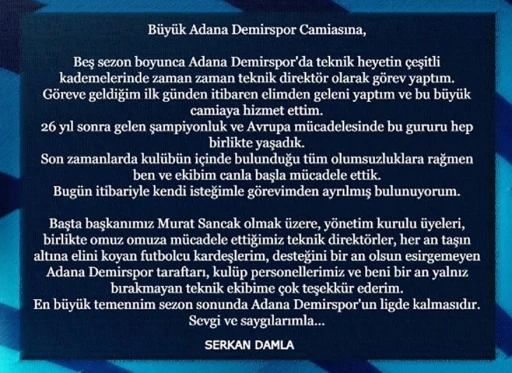 Adana Demirspor’da Serkan Damla dönemi sona erdi
