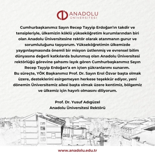 Anadolu Üniversitesi rektörlüğüne Prof. Dr. Yusuf Adıgüzel atandı
