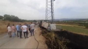 Arı yüzünden devrilen kamyon yandı
