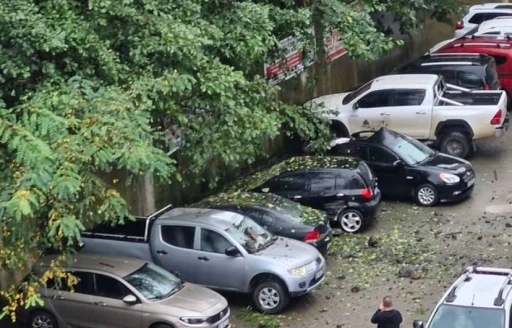 Artvin’in Hopa ilçesinde yamaçtan kopan kayalar park halindeki 7 araca hasar verdi
