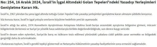 Dışişleri Bakanlığı: “İsrail’in Golan Tepeleri’nde yasa dışı yerleşimleri genişletme kararı almasını şiddetle kınıyoruz”
