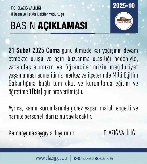 Elazığ’da eğitime kar engeli
