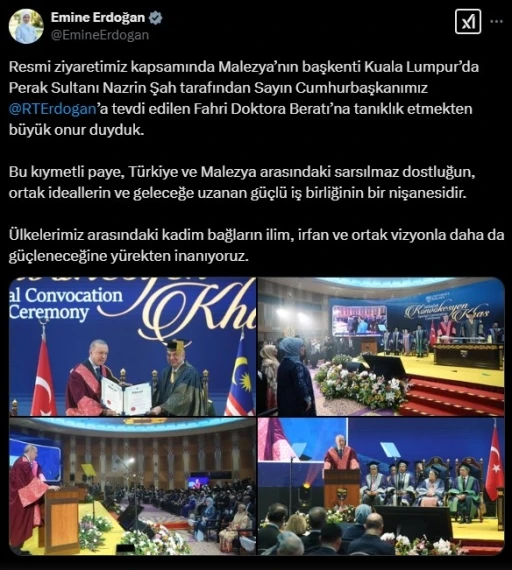 Emine Erdoğan’dan, Cumhurbaşkanı Erdoğan’a Malezya’da fahri doktora beratı tevdi edilmesine ilişkin paylaşım:
