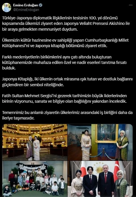 Emine Erdoğan’dan Japonya Veliaht Prensesi Akishino ile görüşmesine ilişkin paylaşım:
