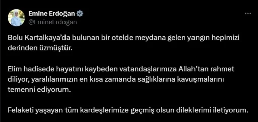 Emine Erdoğan’dan Kartalkaya’daki yangında hayatını kaybedenler için taziye mesajı
