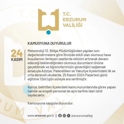 Erzurum’da eğitim bir günlük ara
