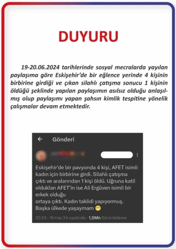 Eskişehir’de cinayet işlendiğine dair asılsız paylaşım hakkında soruşturma başlatıldı
