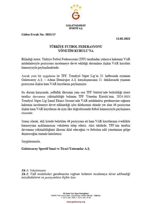 Galatasaray’dan, 46 pozisyonun VAR kayıtları için TFF’ye başvuru
