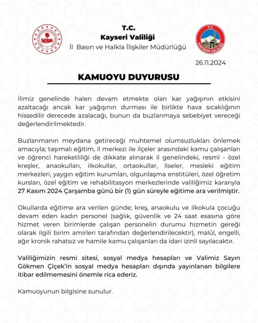 Kayseri’de kar nedeni ile eğitime 1 gün daha ara verildi
