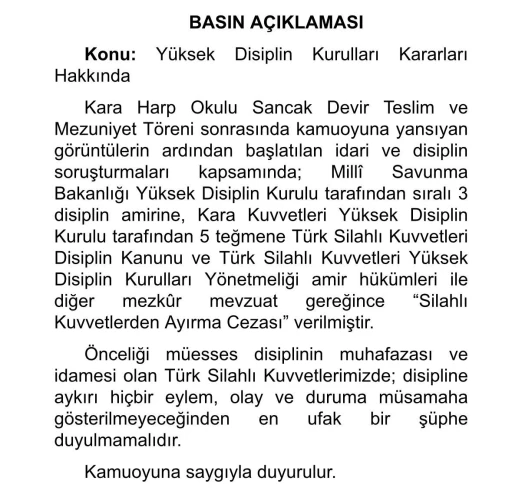 MSB: &quot;5 Teğmen ve 3 sıralı amire ’Silahlı Kuvvetlerden Ayırma Cezası’ verildi&quot;
